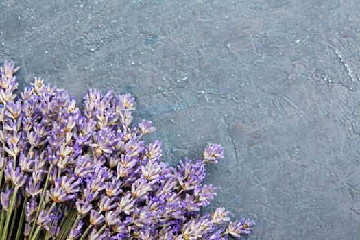 Top view lavender flowers in a bun on a dark textured background with a copy space. High quality photo