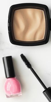 Make-up and cosmetics products on marble, flatlay background - modern feminine lifestyle, beauty blog and fashion inspiration concept