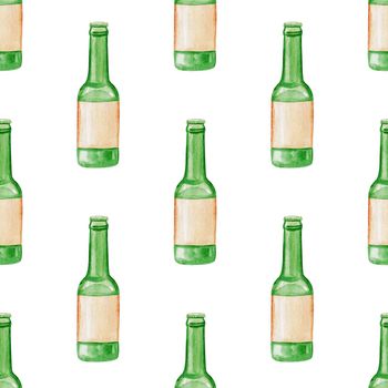 Watercolor beer green bottles seamless pattern on white background