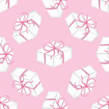 Watercolor white gift boxes seamless pattern on pink background