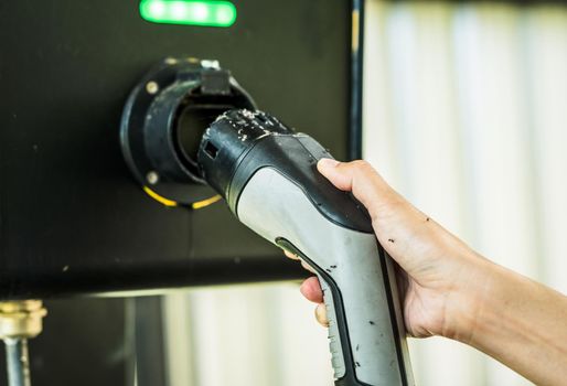 Abandoned electric vehicle charging station. Electric vehicle charging station infrastructure problems. Hand holding EV charger that hasn't been used for a long time until the ants come to nest.