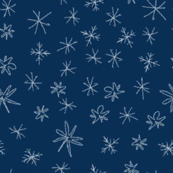 Hand Drawn Snowflakes Christmas Seamless Pattern. Subtle Flying Snow Flakes on chalk snowflakes Background. Awesome chalk handdrawn snow overlay. Lively holiday season decoration.