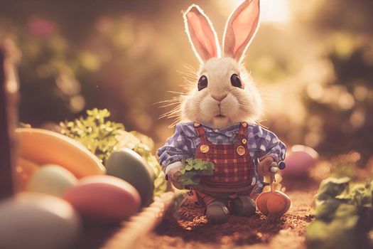 3D render of cute little rabbit peasant dressed in overalls, checkered shirt, straw hat, and long ears with farmer gear equipped in garden full of vegetables and easter eggs.