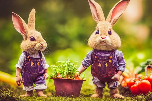 3D render of cute little rabbit peasant dressed in overalls, checkered shirt, straw hat, and long ears with farmer gear equipped in garden full of vegetables and easter eggs.