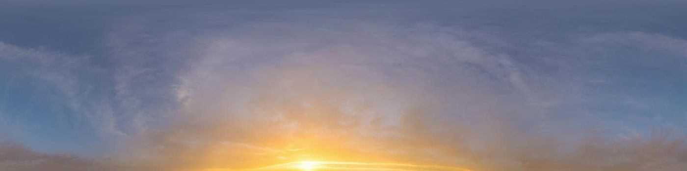 Sky panorama with Cirrus clouds in Seamless spherical equirectangular format. Full zenith for use in 3D graphics, game and editing aerial drone 360 degree panoramas for sky replacement