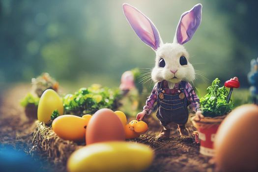 3D render of cute little rabbit peasant dressed in overalls, checkered shirt, straw hat, and long ears with farmer gear equipped in garden full of vegetables and easter eggs.