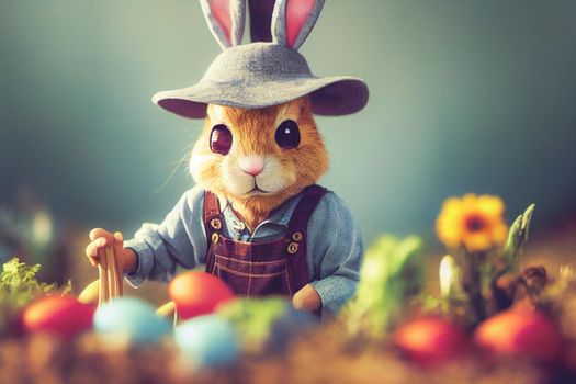 3D render of cute little rabbit peasant dressed in overalls, checkered shirt, straw hat, and long ears with farmer gear equipped in garden full of vegetables and easter eggs.