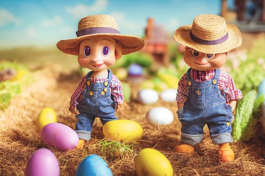 3D render of cute little rabbit peasant dressed in overalls, checkered shirt, straw hat, and long ears with farmer gear equipped in garden full of vegetables and easter eggs.