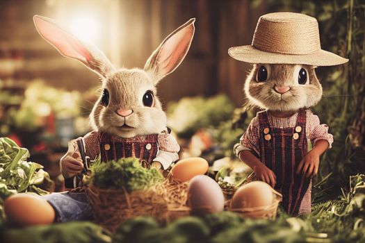 3D render of cute little rabbit peasant dressed in overalls, checkered shirt, straw hat, and long ears with farmer gear equipped in garden full of vegetables and easter eggs.