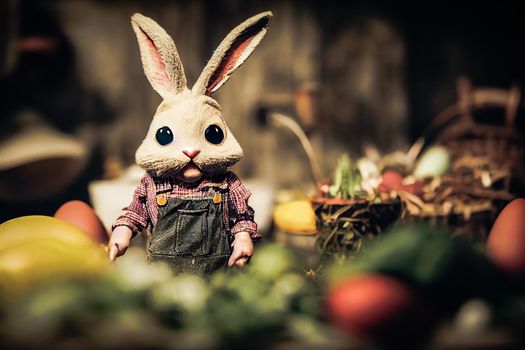 3D render of cute little rabbit peasant dressed in overalls, checkered shirt, straw hat, and long ears with farmer gear equipped in garden full of vegetables and easter eggs.