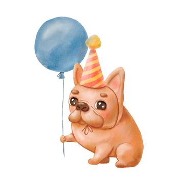 Watercolor cartoon funny dog and blue balloon. Cute French bulldog with festive hat for birthday cards.