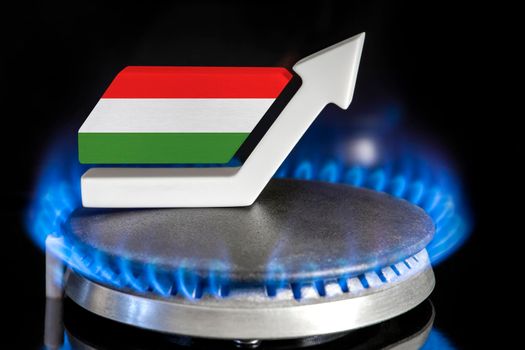 Gas price. Rise in gas prices in Hungary. A burner with a flame and an arrow up, painted in the colors of the Hungary flag. The concept of rising gas or energy prices