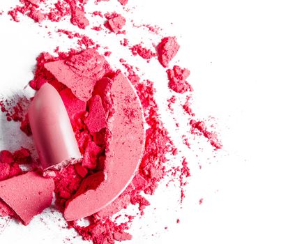 Beauty texture, cosmetic product and art of make-up concept - Crushed eyeshadows, lipstick and powder isolated on white background