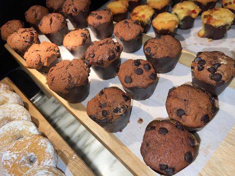 Lines of delicious chocolate and vanilla muffins Freshly baked homemade chocolate chip muffins Out of the oven muffins in muffin cups