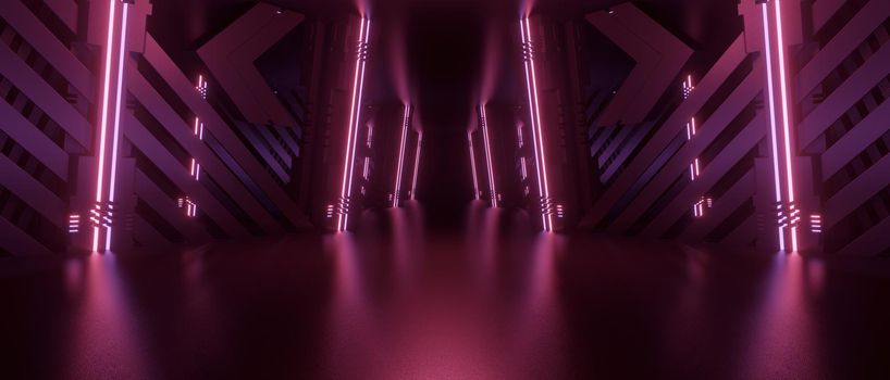 Creative Alien Reflective Concrete Corridor Tunnel Empty Room Inspiring Purple Pink Banner Background Product Display 3D Rendering