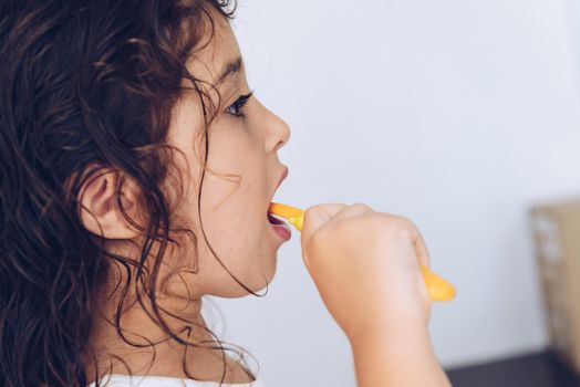 portrait of a little girl brushing her teeth in the bathroom, after taking a shower she prepares to going bed in front of the mirror, kids hygiene concept, copy space for text