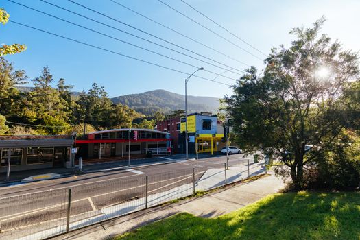 Warburton, Australia - April 22 2022: Early morning light in autumn over the rural town of Warburton in Victoria,. Australia
