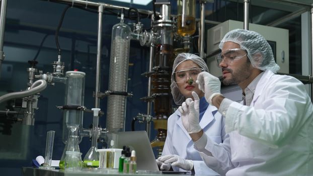 Two scientist in professional uniform working in laboratory for chemical and biomedical experiment