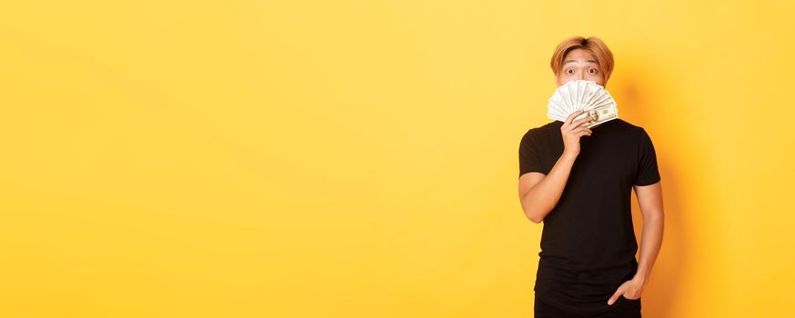 Portrait of lucky happy asian guy looking surprised and showing money, standing yellow background.