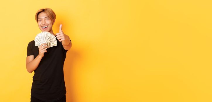 Portrait of handsome confident smiling asian guy showing thumbs-up and holding money, guarantee something, standing yellow background.