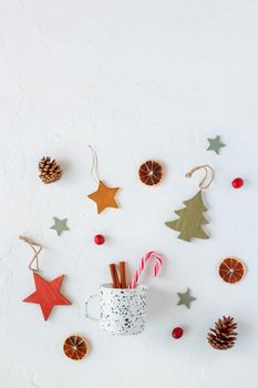 Christmas background with Christmas zero waste decoration, top view, copy space