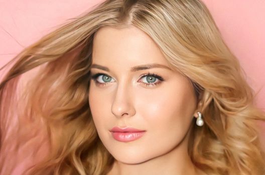 Beauty, makeup and curly hairstyle, beautiful blonde woman with glossy lipstick make up on pink background as bridal make-up look, fashion and glamour model face portrait for cosmetics, skincare and hair care brand