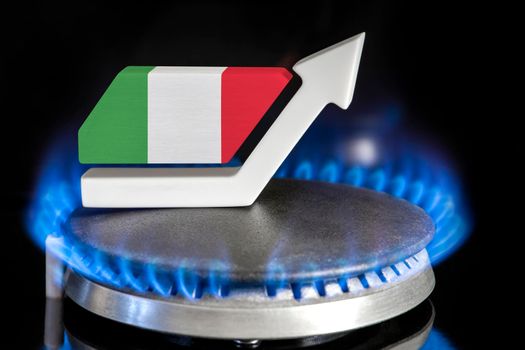 Gas price. Rise in gas prices in Italy. A burner with a flame and an arrow up, painted in the colors of the Italy flag. The concept of rising gas or energy prices