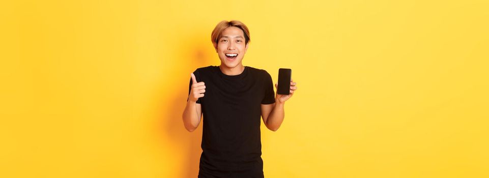 Portrait of pleased smiling asian guy, showing smartphone screen and thumbs-up satisfied with application, standing yellow background.