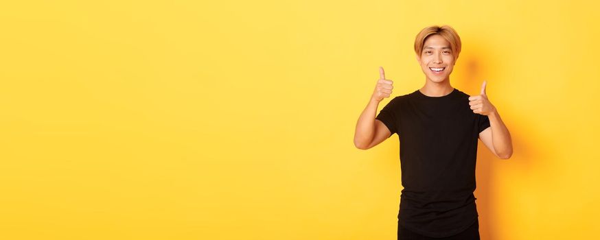 Portrait of satisfied asian man smiling and showing thumbs-up over yellow background.