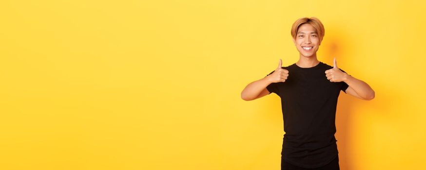 Portrait of satisfied handsome asian male student showing thumbs-up in approval, standing yellow background.