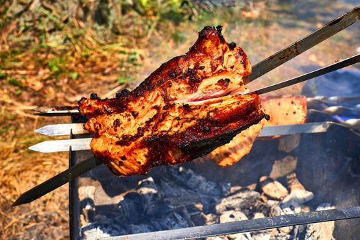 A meal or gathering at which meat, fish, or other food is cooked out of doors on a rack over an open fire or on a portable grill. Tasty piece of beef or pork meat fried over the fire at a picnic.