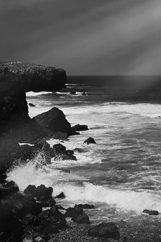 Coastal art print, monochrome and seascape concept - Atlantic ocean coast scenery, fine art