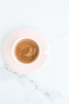 Breakfast, drinks and modern lifestyle concept - Hot aromatic coffee on marble, flatlay