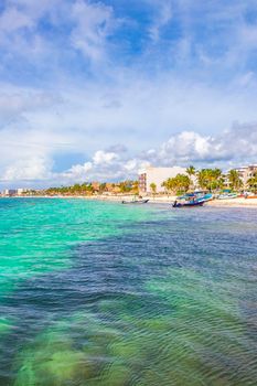 Playa del Carmen 18. August 2021 Tropical mexican beach landscape panorama full of people at beach parties on vacation in Playa del Carmen Mexico.
