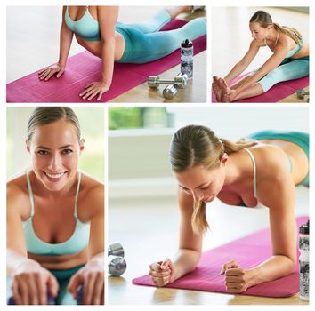 Love yourself enough to live a healthy lifestyle. Composite image of an attractive young woman exercising at home