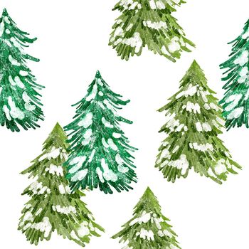 Hand drawn watercolor seamless pattern with Christmas trees. New year holiday december greeting decor, nordic scandinavian traditional wrapping paper print, green pine conifer spruce forest