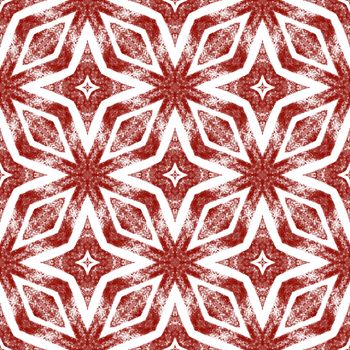Ikat repeating swimwear design. Wine red symmetrical kaleidoscope background. Textile ready bizarre print, swimwear fabric, wallpaper, wrapping. Summer ikat sweamwear pattern.