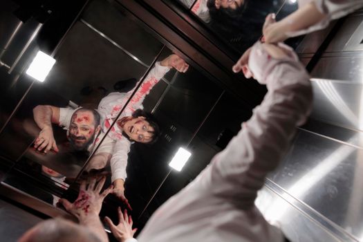 Spooky horror zombies sitting in elevator and attacking business office to eat brain. Abusive terrifying creepy monsters crawling on walls and trying to escape, walking dead evil massacre.
