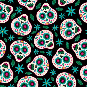Colorful Seamless Pattern with Traditional Mexican Hand Drawn Skull. Dia De Muertos Holiday Symbol.