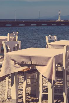 Summer holiday, eating out and beach life concept - Restaurant by the sea, Mediterranean vacation