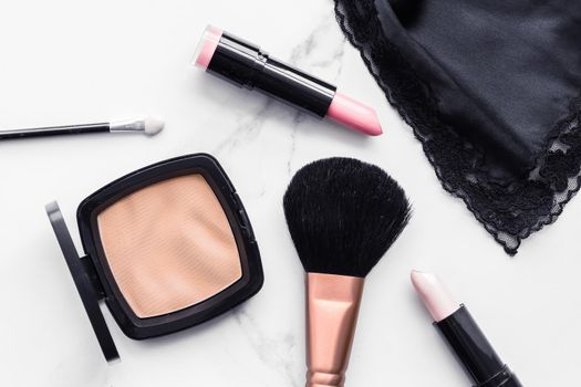 Modern feminine lifestyle, blog background and styled stock concept. Beauty and fashion inspiration - Make-up and cosmetics flatlay on marble