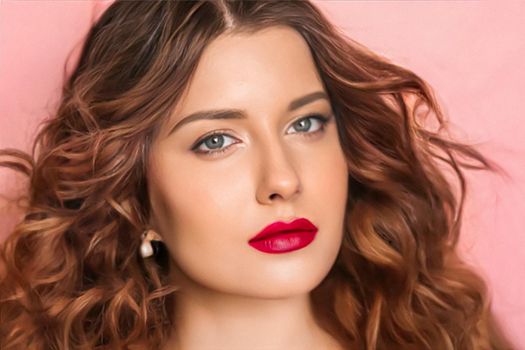 Beauty face portrait, beautiful woman with long wavy hairstyle and matte red lipstick make-up on pink background, fashion and glamour model look for makeup, skincare cosmetics and hair care commercial