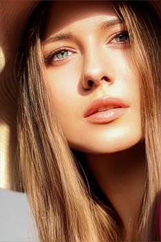 Fashion, travel and beauty face portrait of young woman, beautiful model wearing beach sun hat in summer, head accessory and style concept