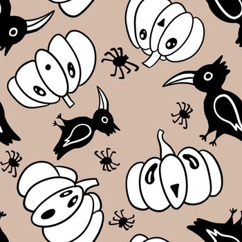 Hand drawn seamless Halloween pattern with black raven birds cute funny pumpkins spiders. Creepy scary spooky jack-o-lantern october horror fabric print. Holiday invitation design