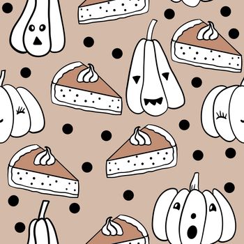 Hand drawn seamless Halloween pattern with cute jack-o-lantern pumpkins and food pie on beige background with black polka dot. Funny creepy scary spooky fabric print, october autumn retro 60s 70s design backdrop