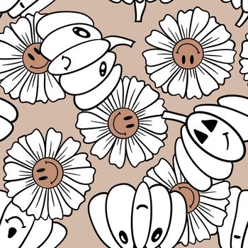 Hand drawn seamless Halloween pattern with beige cute pumpkins smile face flower daisy. Scary creepy spooky retro vintage background. 60s 70s fall holiday fabric background