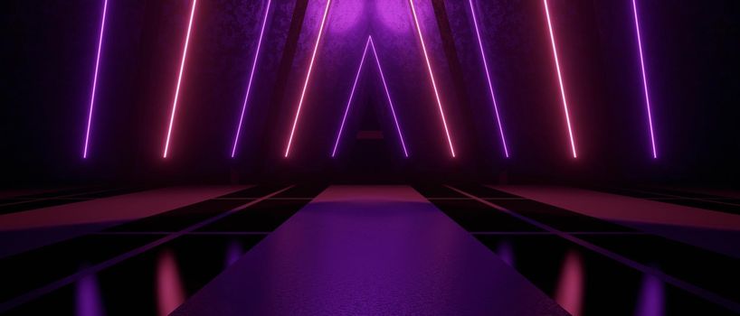 Luxurious And Elegant Abstract Illuminated Corridor Interior Design Neon Bright Purple Banner Background Product Display 3D Illustration