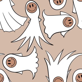 Hand drawn seamless Halloween pattern with cute funny ghosts smile face. Funny kawaii pumpkin, spooky creepy scary fabric print, beige black white design for wrapping paper invitations october cards