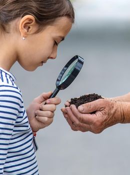 The child examines the soil with a magnifying glass. Selective focus. Kid.