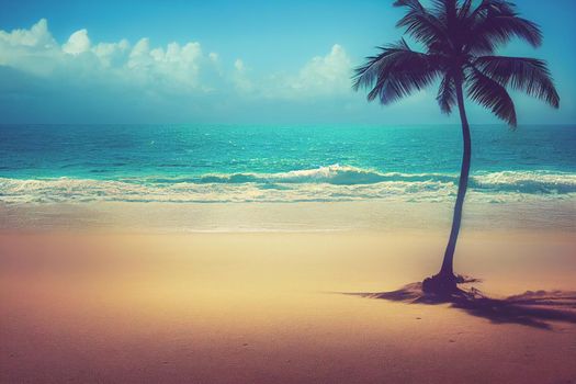 3D render of Nature tropical beach sea with palm tree and the ocean. Beautiful beach blue sea water. Blue sky background.